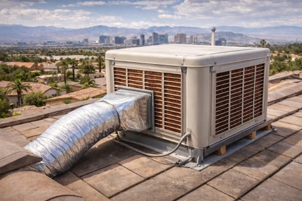Las Vegas Valley rooftop evaporative cooler used for desert cooling during dry weather and shoulder seasons