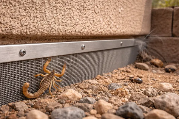 Scorpion exclusion mesh along the base of a Las Vegas Valley home to help seal gaps at the foundation line