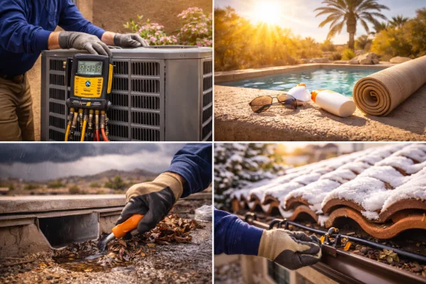 Seasonal home maintenance in Las Vegas Valley including HVAC service, heat readiness, monsoon drain clearing, and winter checks