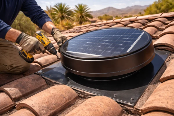 Solar-powered attic fan on a Las Vegas Valley roof to improve attic ventilation and reduce heat buildup