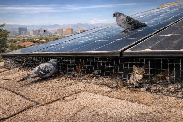 Solar panels with critter guard mesh in Las Vegas Valley to prevent nesting and wiring damage
