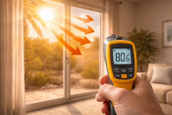 Infrared thermometer measuring Las Vegas Valley window heat gain to illustrate solar load and shading benefits