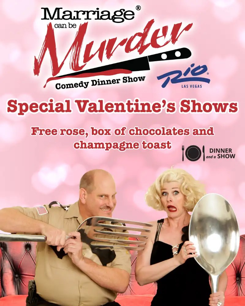 Valentine’s-themed poster for Marriage Can Be Murder comedy dinner show at Rio Las Vegas with humorous characters