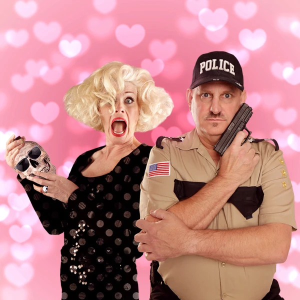 Valentine’s-themed promo for Marriage Can Be Murder dinner show in Las Vegas featuring quirky characters and theatrical flair