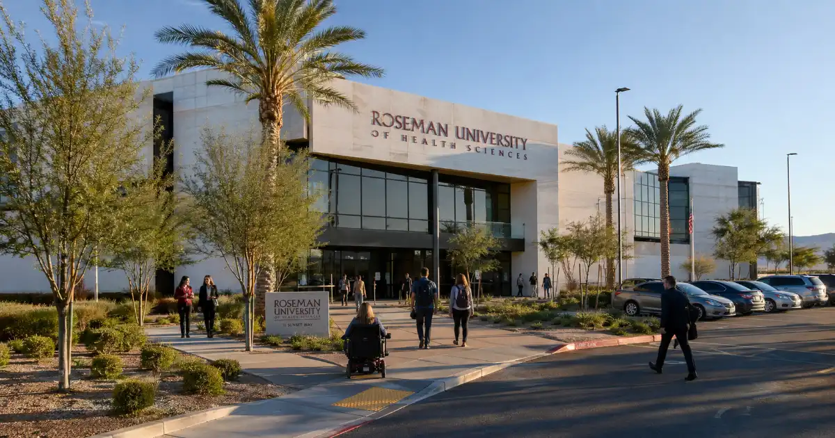 The glass-fronted Roseman University Henderson campus building stands behind palm trees, desert landscaping, and surface parking.