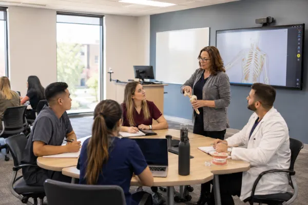 Health-sciences students collaborate during a supervised classroom lesson at Roseman University’s Henderson campus.