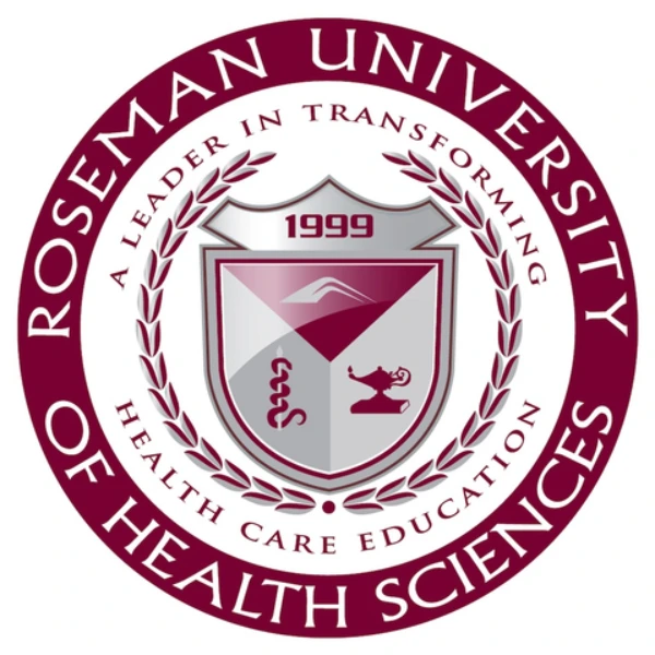 The official circular seal of Roseman University of Health Sciences. The burgundy and silver emblem features the founding year 1999, a shield containing a Caduceus and a lamp of knowledge, and the motto 'A Leader in Transforming Health Care Education
