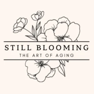 Minimalist floral logo for Still Blooming: The Art of Aging campaign celebrating growth and vitality