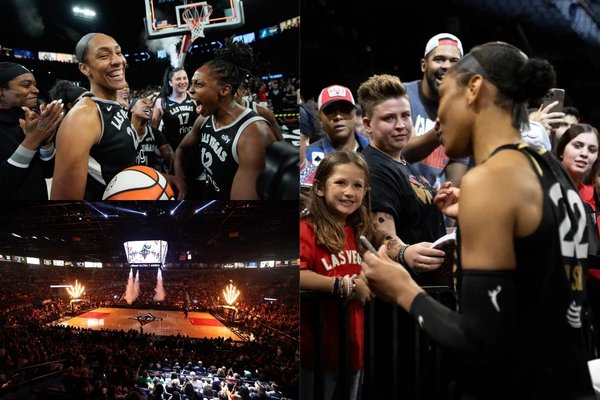 Las Vegas Aces. Players meeting fans, the arena and team members celebrating on the court.
