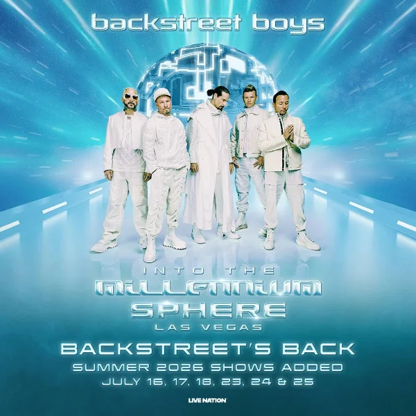 Promotional flyer for the Backstreet Boys’ Into the Millennium Sphere Las Vegas shows featuring all five members in futuristic white outfits with summer 2026 concert dates