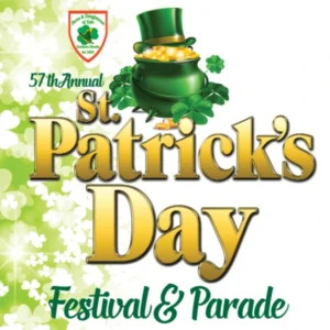 Promotional graphic for Henderson St. Patrick’s Day Festival, Parade, and Car Show featuring shamrocks, pot of gold, and festive green elements