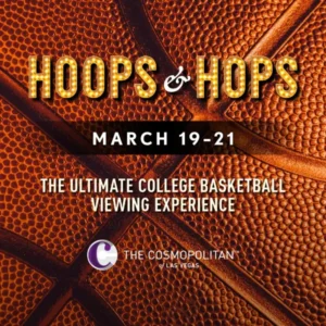 Promotional graphic for Hoops & Hops at The Cosmopolitan of Las Vegas featuring basketball‑themed design and event dates