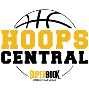 Promotional graphic for Hoops Central at Westgate Las Vegas SuperBook featuring bold basketball‑themed typography