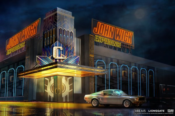 Entrance to the John Wick Experience at AREA15 Las Vegas featuring a neon‑lit art deco building and a parked muscle car at night