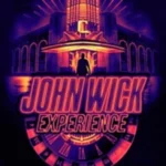 Stylized neon graphic for the John Wick Experience featuring a silhouetted figure standing before a glowing architectural backdrop with bold orange and yellow lettering and a roulette wheel motif.