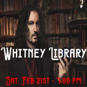Mentalist Keith Zalinger holding a dark orb in a library setting, promoting his Extra-Sensory mind-reading show at Whitney Library on Saturday Feb 21st at 7 PM