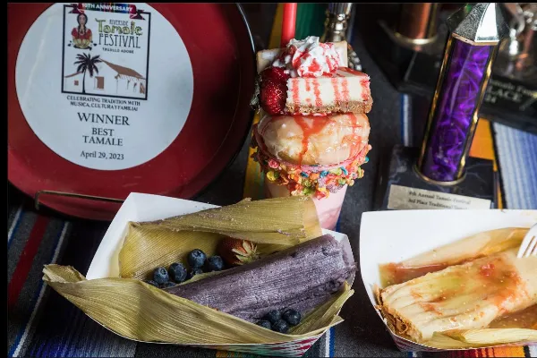 A delicious spread of award winning tamales and colorful Mexican desserts at the Tacos and Tamales Festival