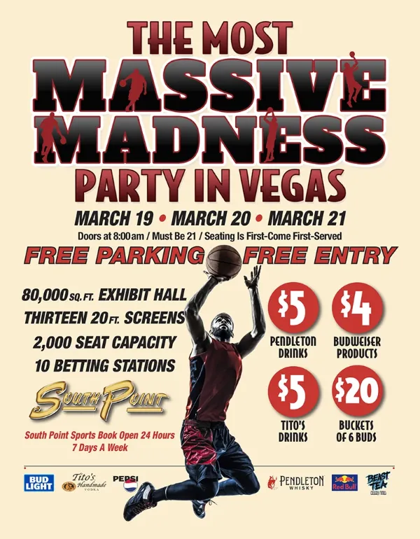 Promotional graphic for the Massive Madness free March Madness party at South Point Las Vegas featuring basketball imagery and event details