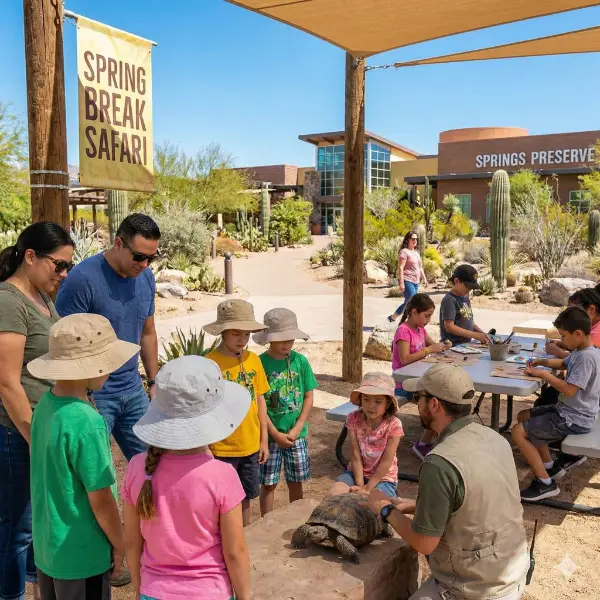 Children interacting with a desert tortoise and doing crafts at the Spring Break Safari at Springs Preserve Las Vegas