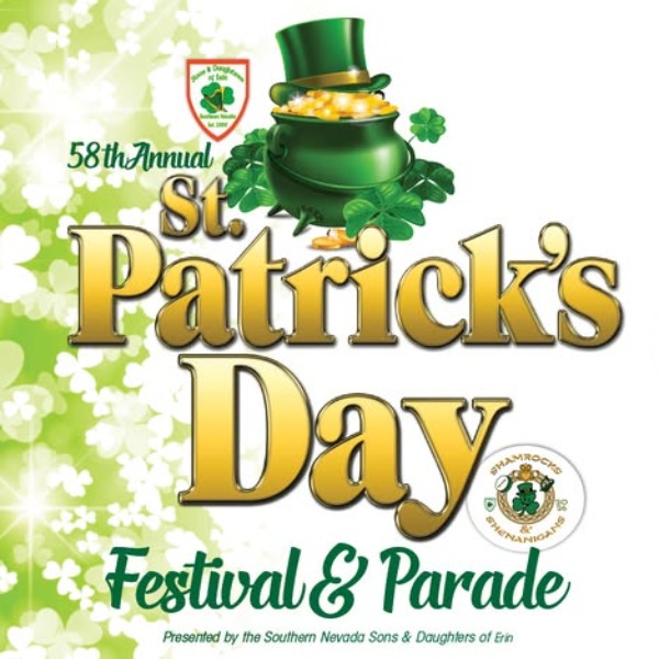 Promotional graphic for the 58th Annual St. Patrick’s Day Festival and Parade in Las Vegas featuring shamrocks, gold coins, and festive Irish imagery