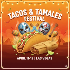 Illustrated Tacos and Tamales Festival 2026 poster featuring a street taco, tamale, Lucha Libre masks, and maracas in Las Vegas.