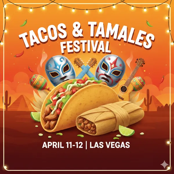 Illustrated Tacos and Tamales Festival 2026 poster featuring a street taco, tamale, Lucha Libre masks, and maracas in Las Vegas.