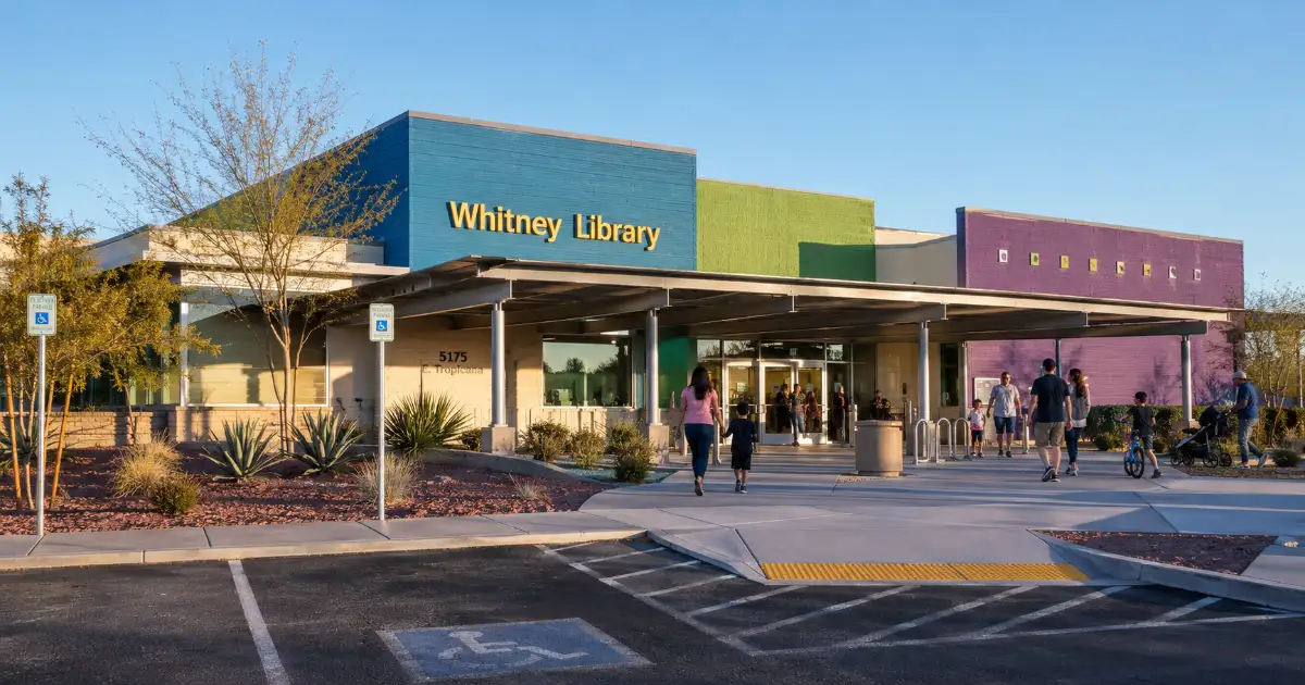 The colorful exterior and covered entrance identify Whitney Library on East Tropicana Avenue in Las Vegas.