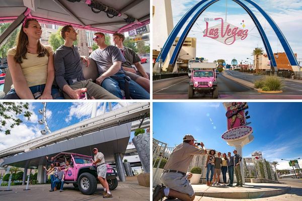Vintage Vegas Pink Jeep Tour collage with the Welcome sign, Fremont Street, wedding chapels, and High Roller