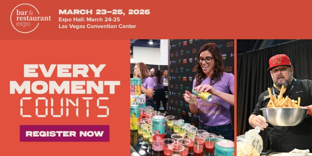 Feature image for the Bar & Restaurant Expo showing a bartender pouring colorful drinks and a chef holding a bowl of fries alongside event details for the March 23–25, 2026 expo at the Las Vegas Convention Center