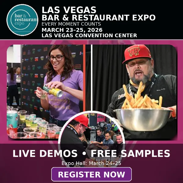Promotional flyer for the Las Vegas Bar & Restaurant Expo featuring drink preparation, a chef holding fries, and a live demo scene alongside event details for March 23–25, 2026 at the Las Vegas Convention Center