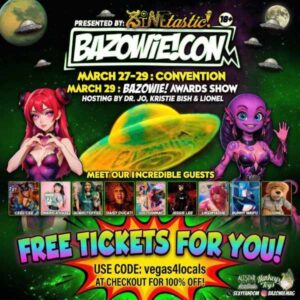 Colorful sci‑fi themed promo graphic for BazowieCon 2026 in Las Vegas featuring illustrated characters, UFO artwork, and a message offering free tickets with a promo code