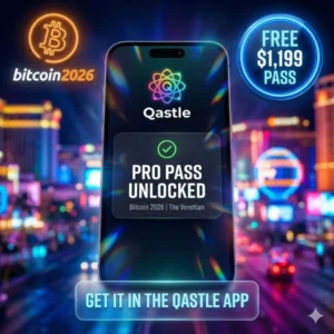 A sleek smartphone floats in the center, displaying "PRO PASS UNLOCKED" against a vibrant, cinematic background of the Las Vegas Strip at night. The Bitcoin 2026 logo is rendered in a neon-sign style in the top-left, and a glossy, electric blue neon badge in the top-right reads "FREE $1,199 PASS." The image features "Cyberpunk" lighting with sharp neon reflections on the phone and the digital energy of the event.
