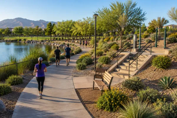 Visitors walk and exercise along a paved lakeside trail at Cornerstone Park in Henderson.