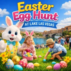 Children and the Easter Bunny gather eggs they have hunted at Lake Las Vegas