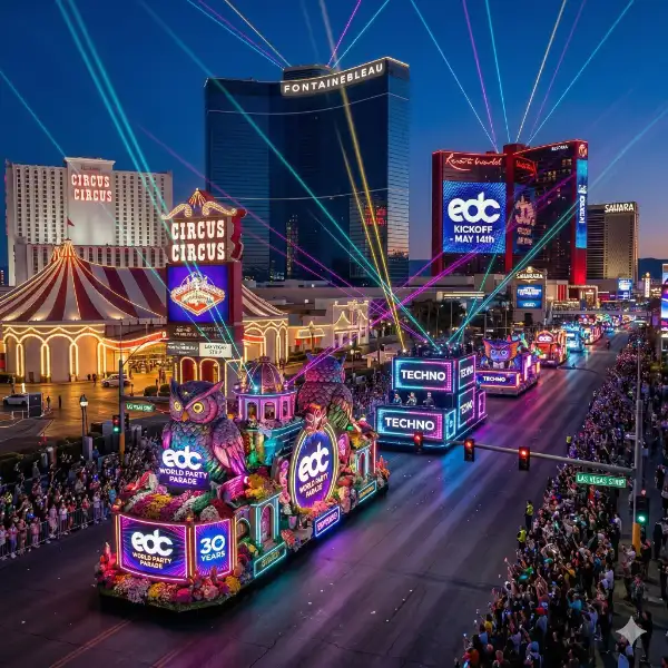 Electric Daisy Carnival World Party Parade on the Las Vegas Strip on May 14, 2026 featuring illuminated floats, EDC 30th anniversary signage, and crowds lining the street with major Strip resorts in the background