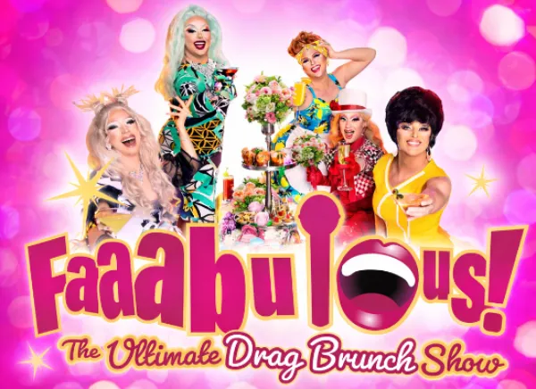 Promotional poster for Faaabulous! The Ultimate Drag Brunch Show at the Rio featuring six drag performers posing around a brunch table against a bright pink background