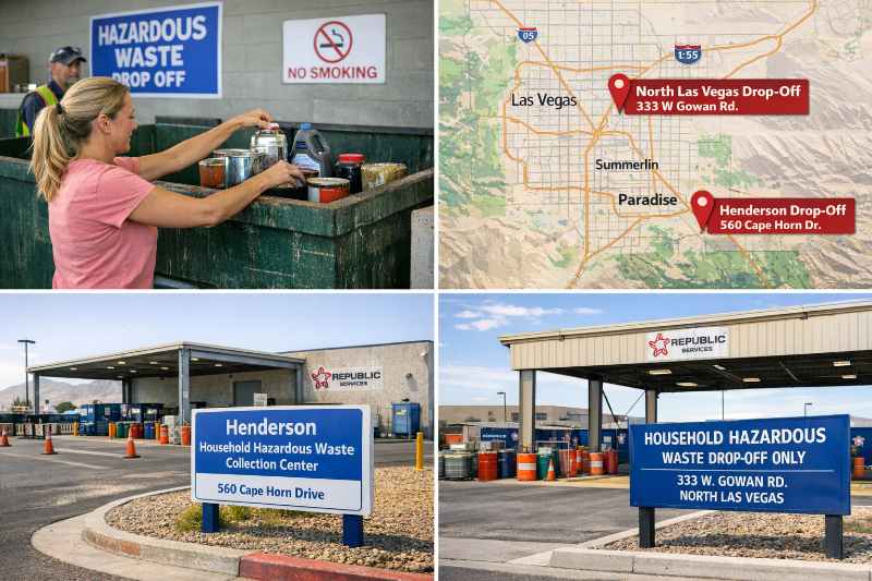 Collage showing Las Vegas hazardous waste disposal resources including a resident dropping off items, a map of two drop‑off centers, and exterior signs for the Henderson and North Las Vegas household hazardous waste facilities