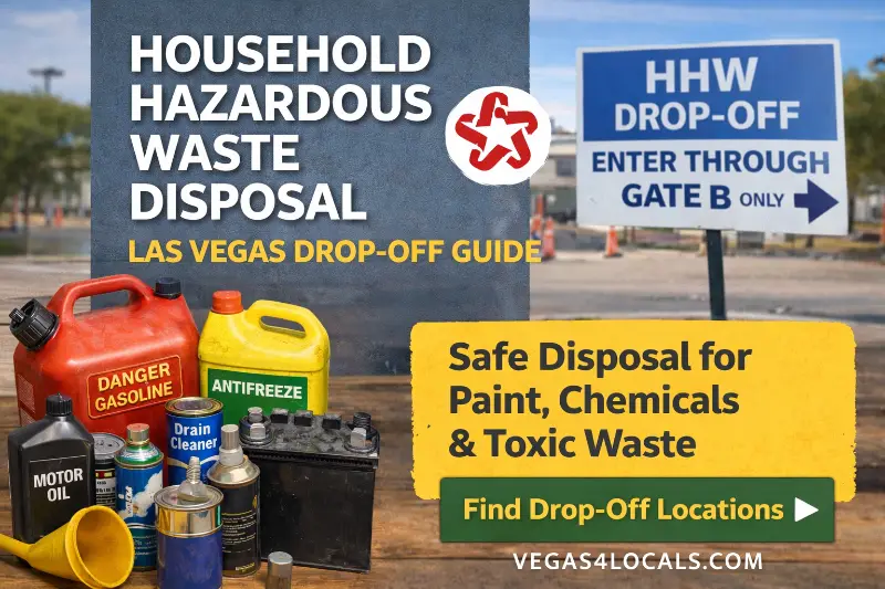 graphic for Las Vegas household hazardous waste disposal showing gasoline, antifreeze, motor oil, batteries, and cleaners with a call to find safe drop-off locations.