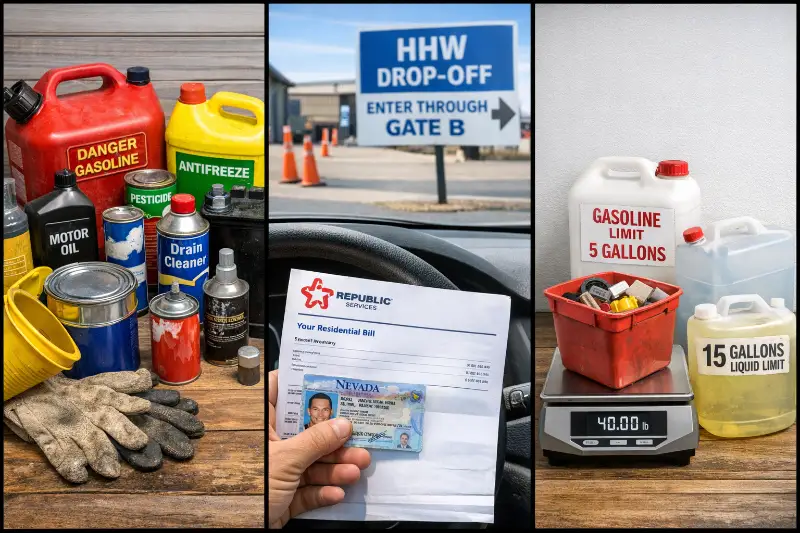 Triptych showing Las Vegas household hazardous waste disposal steps, including common items like gasoline, antifreeze, motor oil and cleaners, required ID and Republic Services bill, and household drop-off quantity limits.