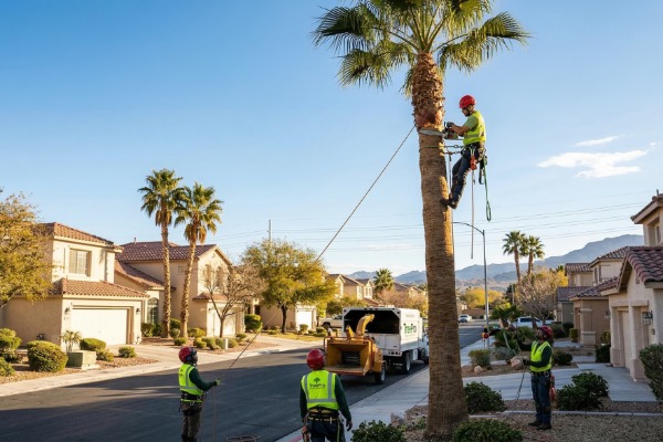 Three workers in bight yellow vests trimming a palm tree in a Las Vegas neighborhood