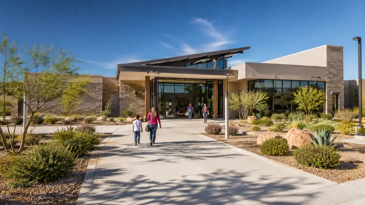 Modern exterior and public entrance of Sahara West Library in west Las Vegas.
