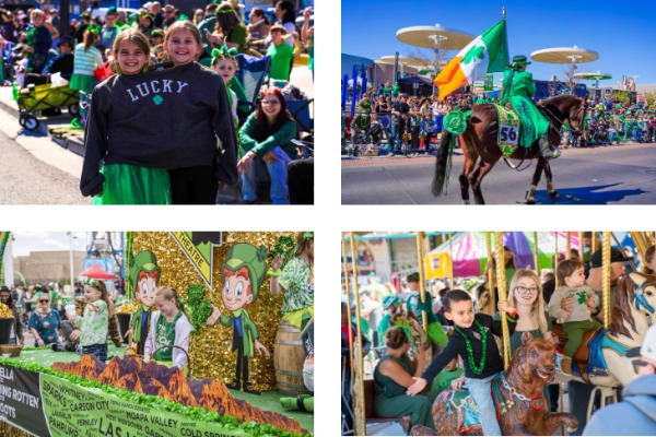 ollage of St. Patrick’s Day celebrations in Las Vegas featuring children in festive attire, a rider carrying an Irish flag on a decorated horse, a parade float with leprechaun designs, and kids enjoying a carousel ride