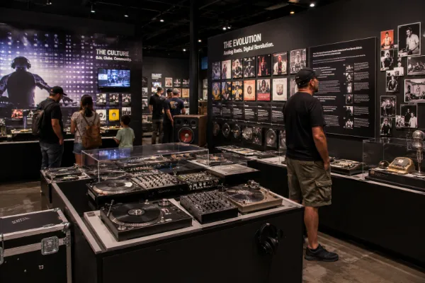 Records, framed displays, turntables, mixers, and audio equipment trace the history of DJ culture inside The DJ Museum.