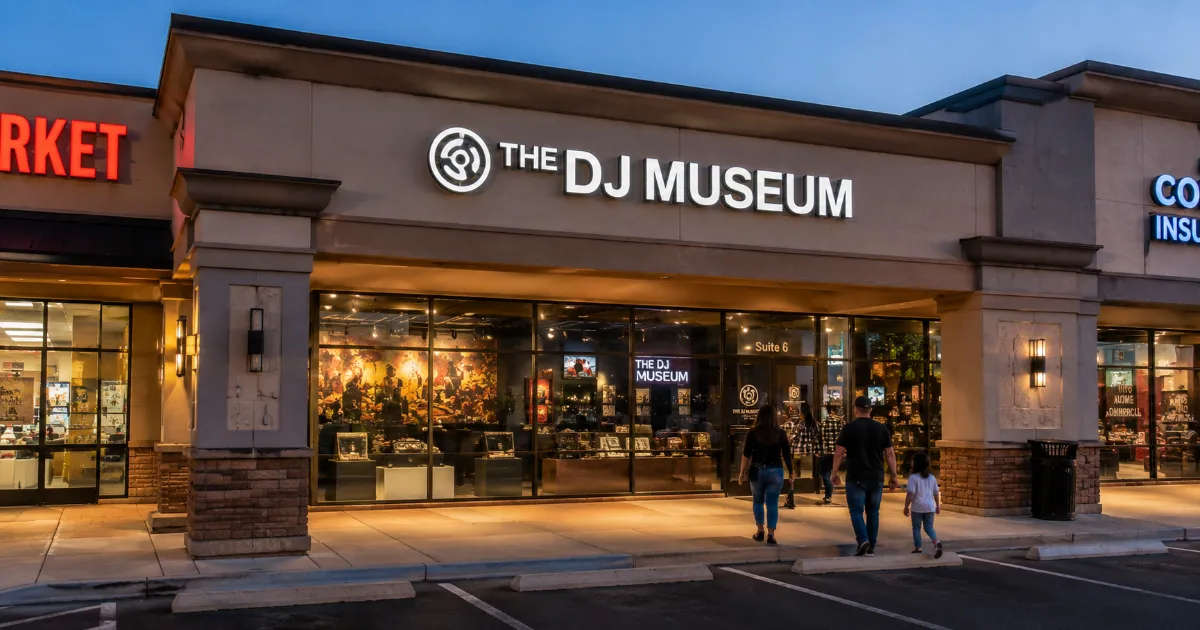The entrance and permanent storefront sign identify The DJ Museum on South Maryland Parkway in Las Vegas.