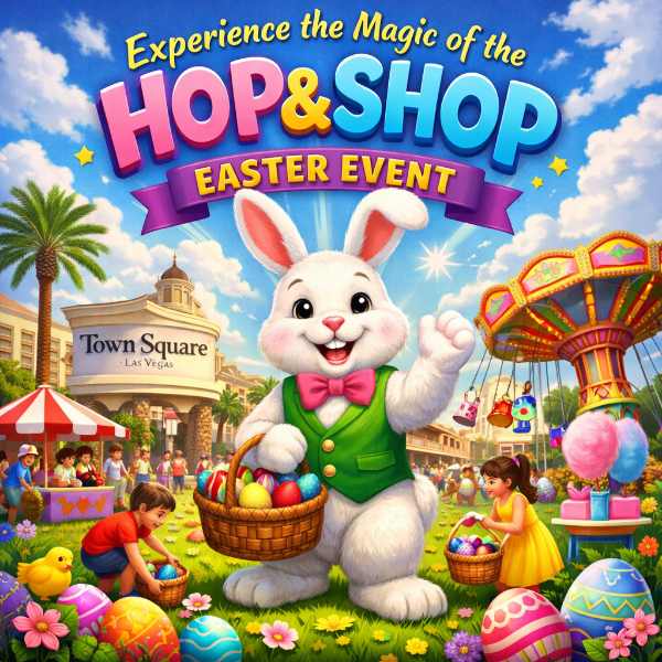 The Easter Bunny and some children hunt for eggs at the annual town square Las Vegas Easter egg hunt and carnival