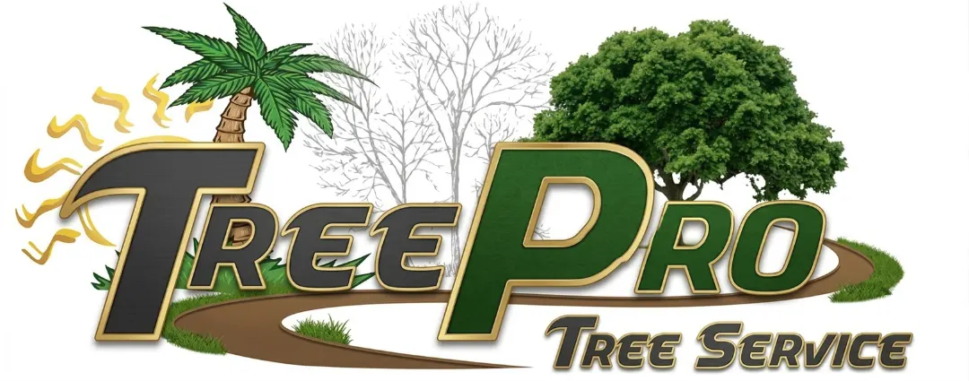 TreePro Tree Service logo featuring green and gold stylized text alongside icons of a palm tree, sun, bare winter trees, and a lush summer tree.