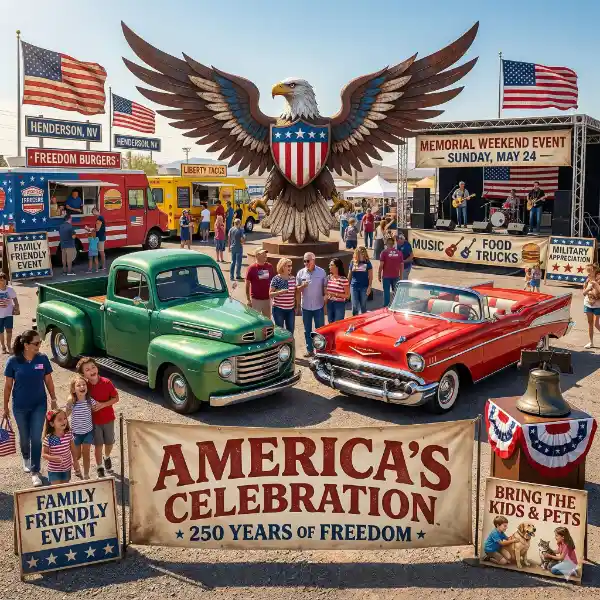A patriotic square photograph capturing the America's Celebration 250 Years of Freedom Memorial Weekend festival at Atomic Motors in Henderson, Nevada. The image features a festive crowd, classic American cars (a green truck and red convertible), food trucks, and a large central eagle installation, set against a background of US flags, stage music, and signage for "Family Friendly Event," "Military Appreciation," and "Bring Kids & Pets."