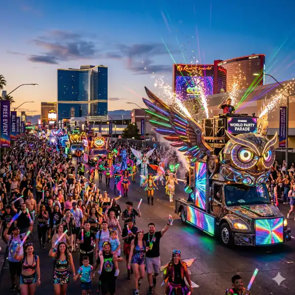 A vibrant 1x1 image capturing the EDC World Party Parade on the Las Vegas Strip at dusk. Features a large, glowing mechanical owl art car blasting pyrotechnics, surrounded by a diverse, dancing crowd of all ages with LED lights and festival gear. Iconic North Strip resorts like the Fontainebleau are visible in the background under a blue and orange twilight sky, with banners reading "FREE EVENT" and "EDC 30TH ANNIVERSARY."