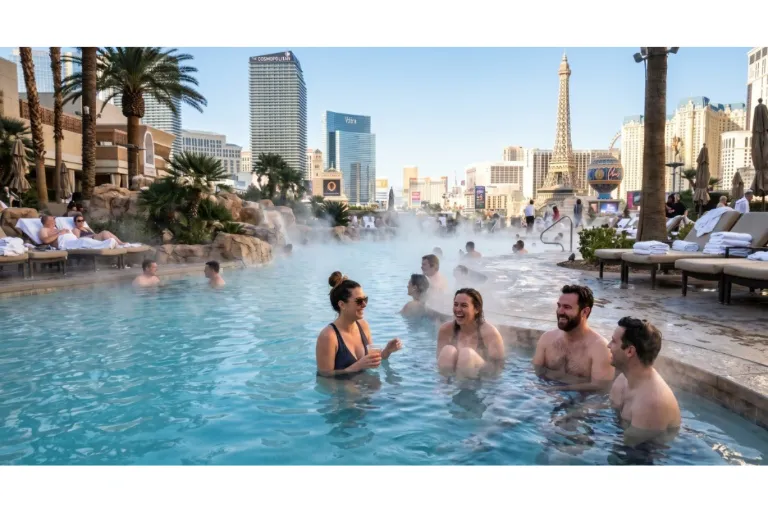 Guests relaxing in a steaming heated resort pool during winter in Las Vegas. no snow, of course.