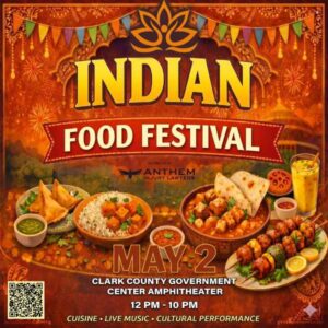 A detailed promotional poster for an 'INDIAN FOOD FESTIVAL' in a 1x1 square format. The top features a large golden lotus logo and a 'hanging' flag banner. Centered below is the text 'INDIAN' in gold letters, with a red banner saying 'FOOD FESTIVAL' underneath. Multiple authentic Indian dishes.